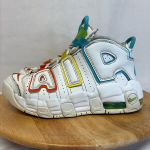 Kids Nike Air More Uptempo BP White/Baltic Blue-Opti Yellow Sz 2.5Y Sneakers GUC